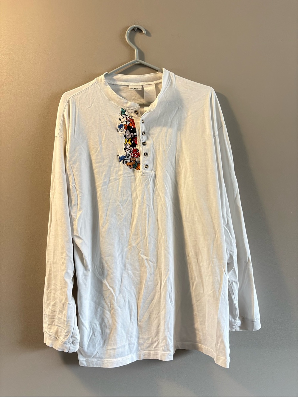 Disney White Long Sleeve Henley with Colorful Character Embroidery